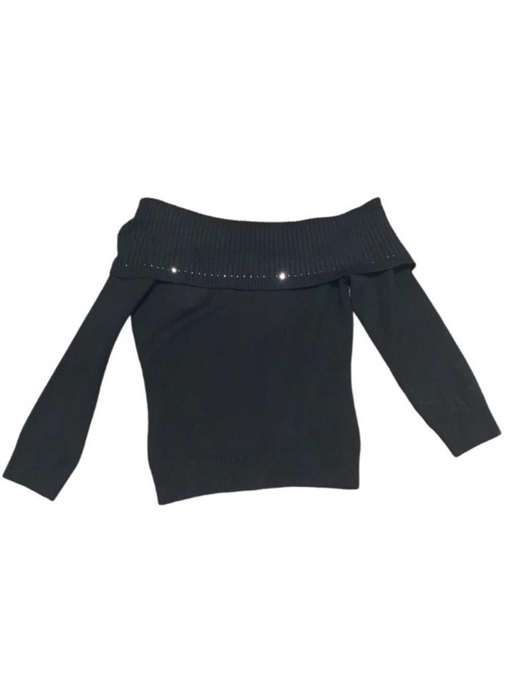 Y2K Bebe Silk & Cashmere Beaded Fold Over Off the Shoulder Blouse Top Black M